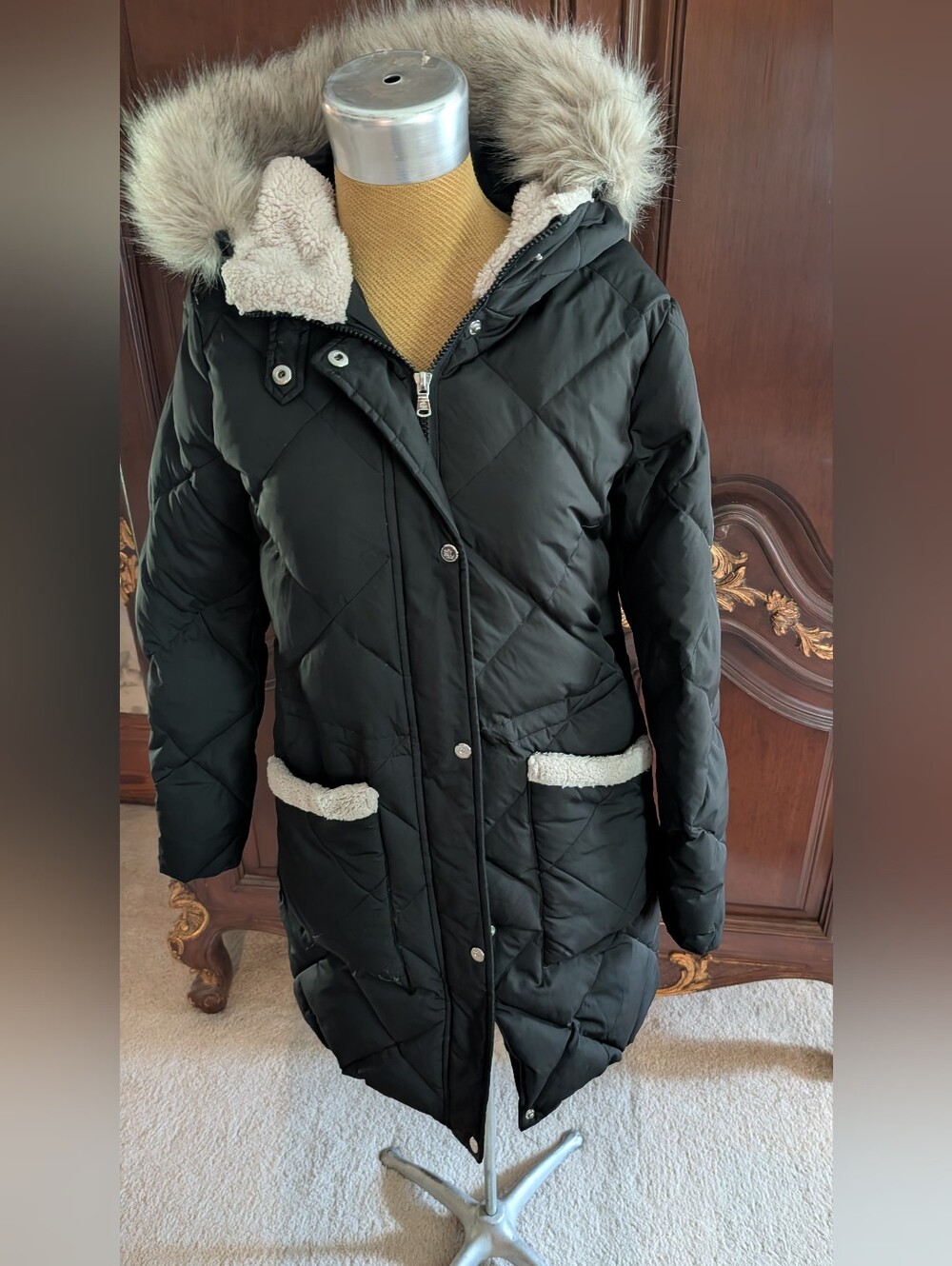 Ralph Lauren Black Puffer Coat Hooded Sherpa Jacket XS